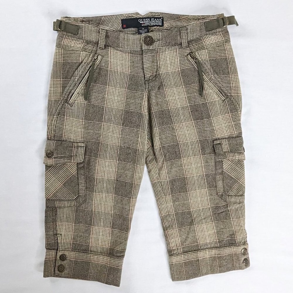 Y2k Guess Tan and Black Low Rise Plaid Cargo Bermuda Shorts Buckle Detail Capris